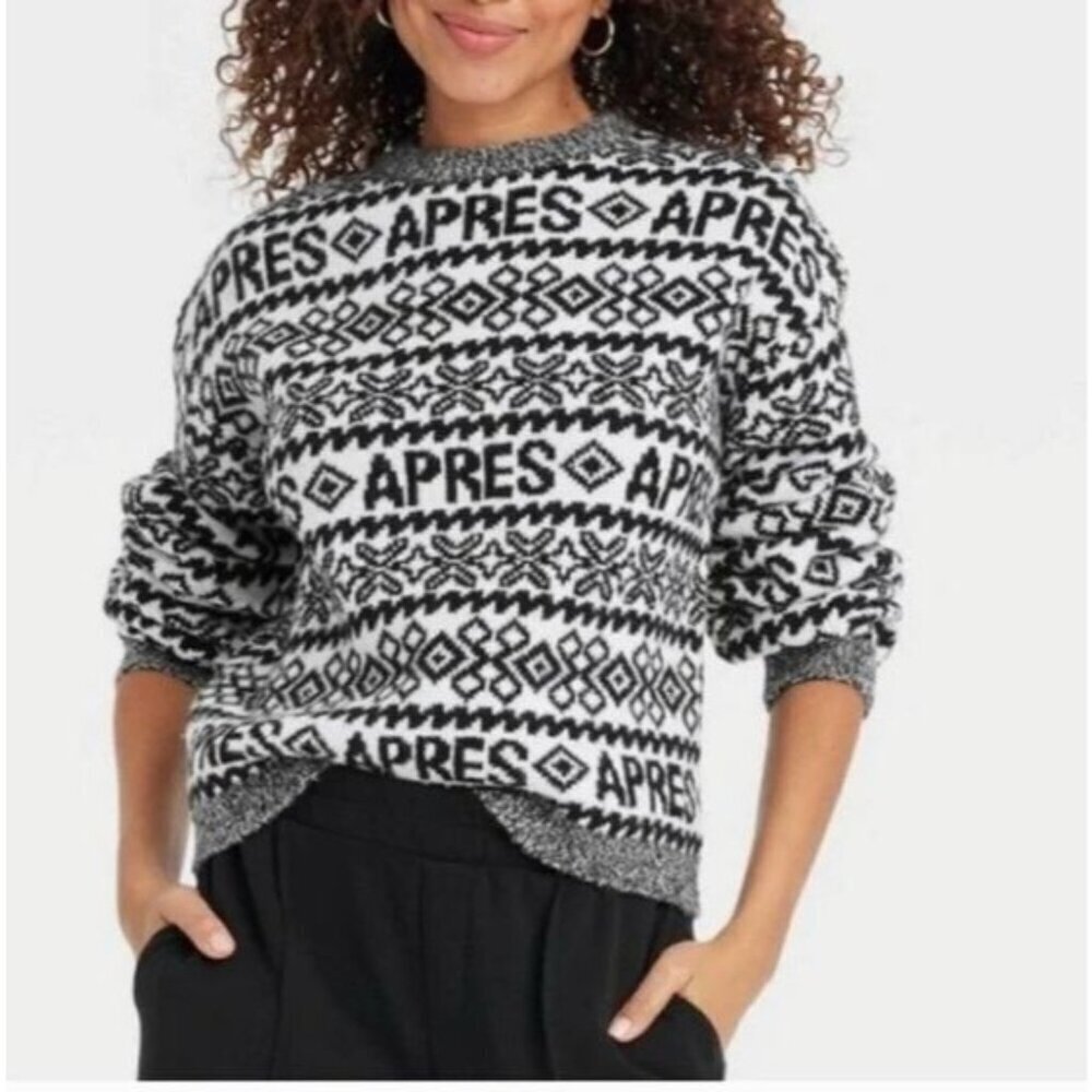 A New Day Apres Ski Sweater XXL Black White Fair Isle Women Holiday Pullover NWT